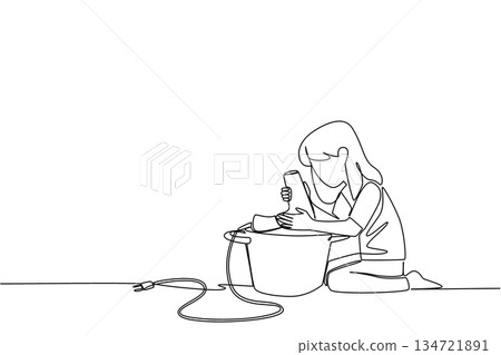 A girl kneels on floor blend in a bucket with a dangling cord in continuous line draw. National Kitchen Klutzes of America Day with a safety concept, stressing electricity, water, caution, and cleanup A girl kneels on floor blend in a bucket with a dangling cord in continuous line draw. National Kitchen Klutzes of America Day with a safety concept, stressing electricity, water, caution, and cleanup 134721891