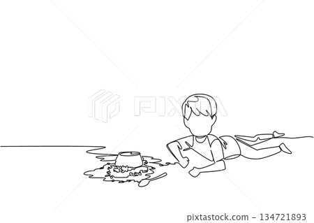 Single line drawing of a young boy fell off and lying on the floor next to a spilled bowl of food and a spoon. Common childhood mess or clumsy moment. National Kitchen Klutzes of America Day 134721893