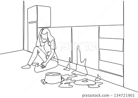 Continuous line drawing of a tired frustrated woman sitting on the floor, holding her head in despair next to a spilled pot of food. Common kitchen disaster. National Kitchen Klutzes of America Day Continuous line drawing of a tired frustrated woman sitting on the floor, holding her head in despair next to a spilled pot of food. Common kitchen disaster. National Kitchen Klutzes of America Day 134721901