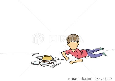 Continuous line drawing of boy lying on floor next to spilled cereal and milk creating a mess for kitchen disaster concept. Breakfast mishap theme is for National Kitchen Klutzes of America Day event. Continuous line drawing of boy lying on floor next to spilled cereal and milk creating a mess for kitchen disaster concept. Breakfast mishap theme is for National Kitchen Klutzes of America Day event. 134721902