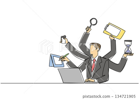 Continuous line drawing of multitasking businessman with many arms holding various office tools for business concept. Efficiency and productivity theme is for National Productive Business Civility Day 134721905