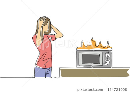 One line drawing of woman clutching her head in distress over a flaming microwave for a kitchen disaster concept. Home appliance meltdown mishap theme is for National Kitchen Klutzes of America Day. 134721908