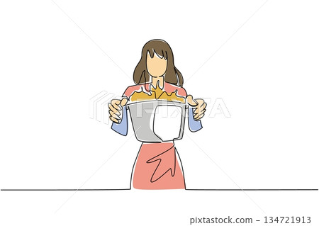 One line drawing of woman holding an overflowing pot problem aggressively of food, for a kitchen disaster concept. This cooking mishap theme is for National Kitchen Klutzes of America Day event. 134721913