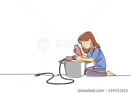 Continuous line drawing of a little girl using hair dryer in a pot to mix food, for a misguided kitchen experiment concept. Cooking klutz theme is for National Kitchen Klutzes of America Day event. Continuous line drawing of a little girl using hair dryer in a pot to mix food, for a misguided kitchen experiment concept. Cooking klutz theme is for National Kitchen Klutzes of America Day event. 134721915