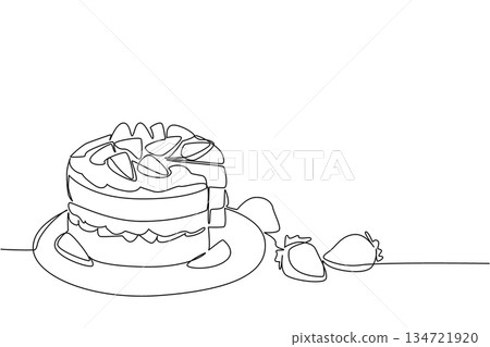 Continuous line drawing of a round, layered strawberry shortcake on a plate, with several loose strawberries beside it, suggesting readiness to be enjoyed. National Strawberry Shortcake Day event 134721920