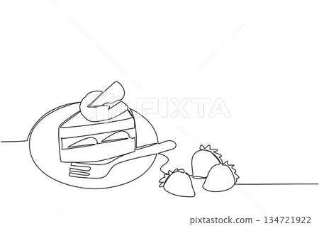 Single line drawing of a slice of strawberry shortcake with missing slice on a plate with a fork and loose strawberries, indicating it's ready to be eaten. National Strawberry Shortcake Day event. Single line drawing of a slice of strawberry shortcake with missing slice on a plate with a fork and loose strawberries, indicating it's ready to be eaten. National Strawberry Shortcake Day event. 134721922
