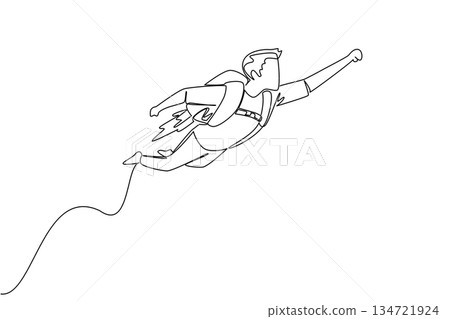 Continuous line drawing of a businessman flying upwards with a jetpack on his back, representing quick career progression and accelerated success. National Productive Business Civility Day Continuous line drawing of a businessman flying upwards with a jetpack on his back, representing quick career progression and accelerated success. National Productive Business Civility Day 134721924