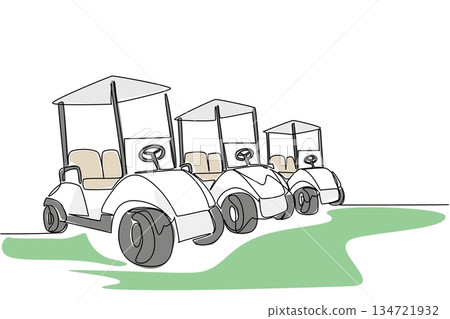 Continuous line drawing of multiple golf carts lined up on a golf course fairway ready to roll out for a fun day of cruising course, symbolize sport leisure and transportation. National Golf Cart Day. 134721932