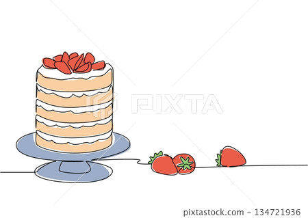 One line drawing of a tall, layered strawberry shortcake stand on a pedestal with scattered fresh strawberries, a delightful dessert centerpiece. Festive treat for National Strawberry Shortcake Day 134721936
