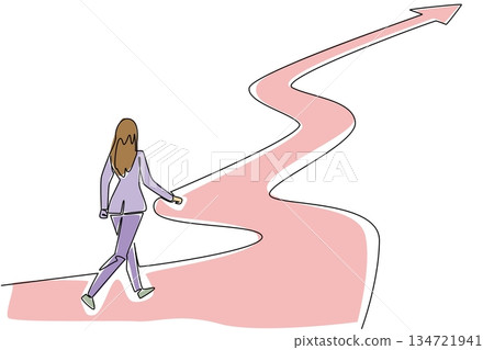 One line drawing of a businesswoman walking on long, winding upward arrow path, challenging career journey for business concept. Perseverance and growth for National Productive Business Civility Day 134721941
