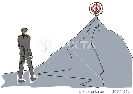 Continuous line drawing of a businessman walking at the base of mountain peak with an arrow path leading to wooden target. Symbolizing ambitious goals for National Productive Business Civility Day 134721942