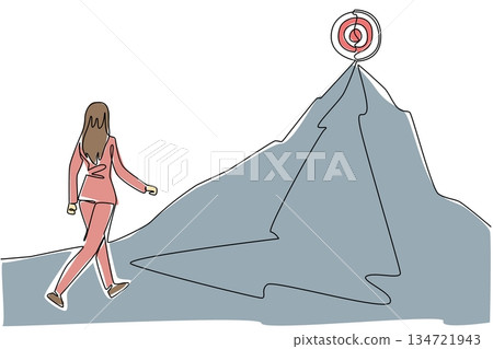 Continuous line draw of a businesswoman walking towards mountain peak to a wooden target. Symbolize ambitious goal for business concept. Determination and achievement for National Product Business Day Continuous line draw of a businesswoman walking towards mountain peak to a wooden target. Symbolize ambitious goal for business concept. Determination and achievement for National Product Business Day 134721943