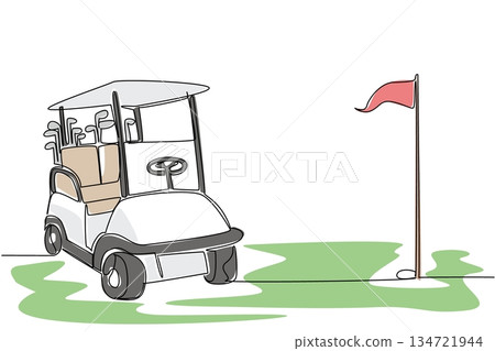 One line drawing vector of a golf cart with clubs in the back parks near a golf flag on the green, symbolizing a round of golf. Recreational sport theme is great for National Golf Cart Day ads. 134721944