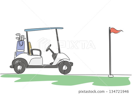 Continuous line drawing of side view golf cart with bag of clubs sits on the grass parked facing the cup and flagstick, ready for the next round. Personal enjoyment theme is for National Golf Cart Day Continuous line drawing of side view golf cart with bag of clubs sits on the grass parked facing the cup and flagstick, ready for the next round. Personal enjoyment theme is for National Golf Cart Day 134721946