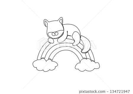 A sleepy cat hugs a rainbow with clouds in single line drawing, perfect for kids theme with a nature concept, mixing cozy pet vibes, imagination, and sweet nursery decor. 134721947