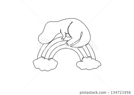 A sleepy dinosaur curls on a rainbow with clouds in single line drawing, great for kids theme with a animal concept, uniting prehistoric charm, fantasy, imagination, and cozy nursery decor. Cute dino A sleepy dinosaur curls on a rainbow with clouds in single line drawing, great for kids theme with a animal concept, uniting prehistoric charm, fantasy, imagination, and cozy nursery decor. Cute dino 134721956