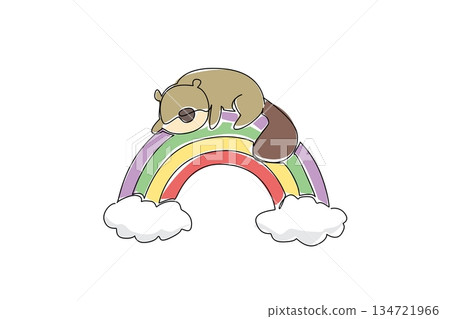 Continuous line drawing of sleepy beaver with a big tail lounges on a rainbow bridge resting on fluffy clouds. Woodland critter animal concept for camping or nature themed kids designs or nursery room 134721966