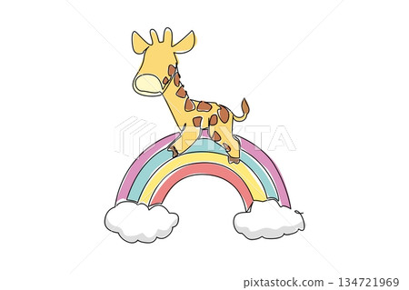 Single line drawing of cute tall giraffe sleeping on rainbow with cloud for wildlife concept. Minimalist animal design represents dreamy nature and colorful sky theme for nursery art, classroom poster Single line drawing of cute tall giraffe sleeping on rainbow with cloud for wildlife concept. Minimalist animal design represents dreamy nature and colorful sky theme for nursery art, classroom poster 134721969