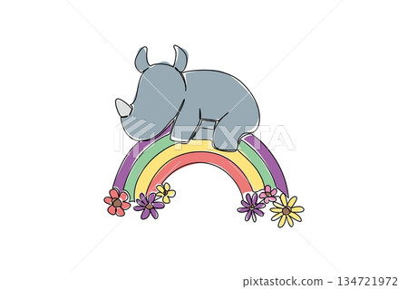 One line drawing of cute chubby rhino sleeping on a rainbow with flowers for fantasy concept. Minimalist animal design of dreamy relaxation and colorful sky theme for children books and zoo promotion 134721972