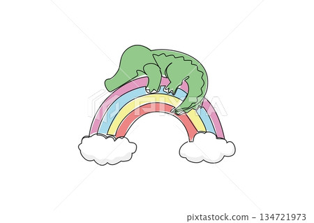 Single line drawing of cute crocodile sleeping on rainbow with clouds for a nature concept. Minimalist animal design represents dreamy relaxation and colorful sky theme for storybook and kids sticker 134721973