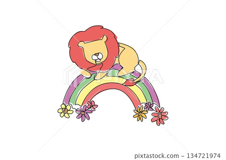 Continuous line drawing of fluffy maned cute lion curls up on a bright rainbow arch with daisy flowers blooming at both ends. Great for kids decor, jungle themed parties or storybook scenes Continuous line drawing of fluffy maned cute lion curls up on a bright rainbow arch with daisy flowers blooming at both ends. Great for kids decor, jungle themed parties or storybook scenes 134721974