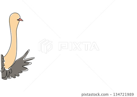 Continuous line drawing of a cute ostrich waving wing to say hi for wildlife concept. This minimalist animal design represents bird nature and a happy friendly greeting theme style. Continuous line drawing of a cute ostrich waving wing to say hi for wildlife concept. This minimalist animal design represents bird nature and a happy friendly greeting theme style. 134721989