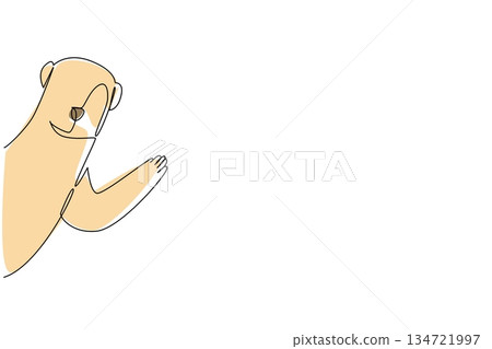 Single line drawing of a cute baby meerkat waving hand to say hi for nature concept. This minimalist animal design represents wildlife and a happy friendly greeting theme symbol. Single line drawing of a cute baby meerkat waving hand to say hi for nature concept. This minimalist animal design represents wildlife and a happy friendly greeting theme symbol. 134721997