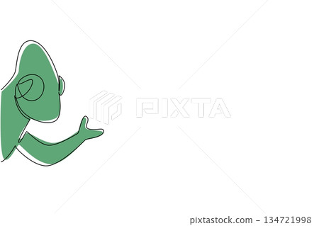 Single line drawing of a cute baby chameleon waving hand to say hi for nature concept. This minimalist animal design represents reptile and a happy friendly greeting theme sign. Single line drawing of a cute baby chameleon waving hand to say hi for nature concept. This minimalist animal design represents reptile and a happy friendly greeting theme sign. 134721998