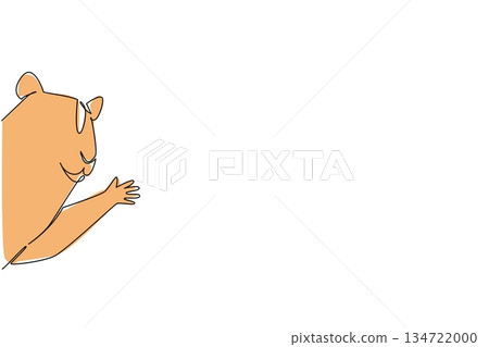 Continuous line draw of chubby hamster lean forward with tiny paw raised, cheerful expression saying hi. Perfect for pet shop ad, kids room prints, kawaii stationery, and playful social media stickers Continuous line draw of chubby hamster lean forward with tiny paw raised, cheerful expression saying hi. Perfect for pet shop ad, kids room prints, kawaii stationery, and playful social media stickers 134722000
