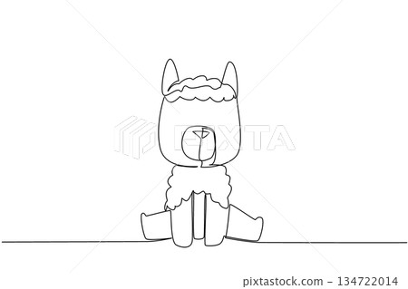 Continuous line drawing of a small, cute, and fluffy alpaca sitting down, symbolizing a gentle domesticated animal. Nature concept related to an international event Alpaca Appreciation Day. 134722014