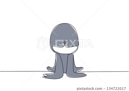 Single line drawing of a cute baby seal sitting up for ocean nature concept. This minimalist animal design represents sea zoo life and a friendly adorable icon symbol theme. 134722017