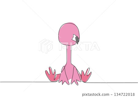Single line drawing of a cute baby flamingo sitting down for nature wildlife concept. This minimalist animal design represents tropical zoo life and a friendly adorable icon style. 134722018