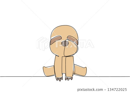 One line drawing of a cute baby sloth sitting down for jungle nature concept. This minimalist animal design represents wildlife zoo life and a friendly adorable icon style theme. 134722025