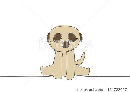One line drawing of a cute baby meerkat sitting down for wildlife nature concept. This minimalist animal design represents zoo life and a friendly adorable icon symbol theme style. One line drawing of a cute baby meerkat sitting down for wildlife nature concept. This minimalist animal design represents zoo life and a friendly adorable icon symbol theme style. 134722027