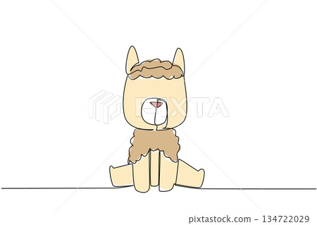 Continuous line drawing of a cute baby llama sitting down for farm animal concept. This minimalist design represents nature wildlife and a friendly adorable icon symbol theme style. 134722029
