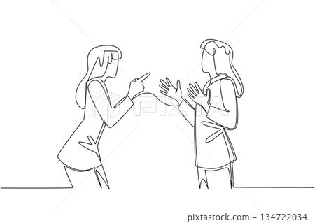 Single line drawing of two businesswomen in an argument, pointing with hands raised, symbolizing conflict and mutual blame. Concept related to an international event National Blame Someone Else Day. Single line drawing of two businesswomen in an argument, pointing with hands raised, symbolizing conflict and mutual blame. Concept related to an international event National Blame Someone Else Day. 134722034