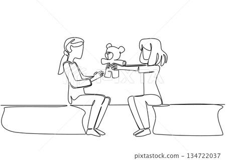 Continuous line draw of two young girls sitting and sharing a teddy bear, symbolizing kindness, friendship, and comforting gestures. National Random Acts of Light Day, support for a friend with cancer 134722037