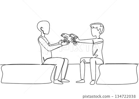 Single line draw of two boys sitting and sharing a toy car, representing friendship, generosity, and playful interaction. National Random Act of Light Day. Support for a friend with cancer at hospital 134722038