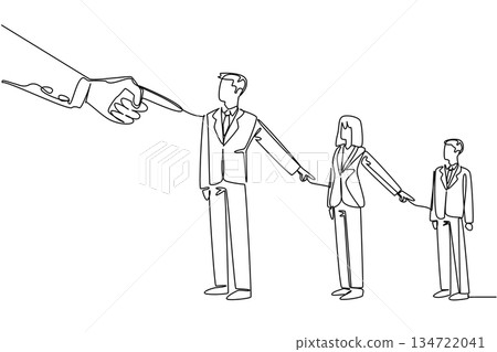 Continuous line draw of giant hand pointing at line of three business people, who turn pointing at each other. Blame culture and responsibility. International event National Blame Someone Else Day Continuous line draw of giant hand pointing at line of three business people, who turn pointing at each other. Blame culture and responsibility. International event National Blame Someone Else Day 134722041