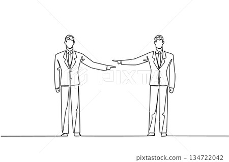 Single line drawing of two business men standing opposite each other, both pointing fingers, representing mutual blame or disagreement. Business concept of event National Blame Someone Else Day Single line drawing of two business men standing opposite each other, both pointing fingers, representing mutual blame or disagreement. Business concept of event National Blame Someone Else Day 134722042
