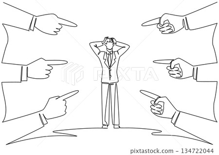 One line drawing of a distressed business man clutching his head, surrounded by multiple hands pointing fingers at him, symbolizing intense blame or pressure. National Blame Someone Else Day event One line drawing of a distressed business man clutching his head, surrounded by multiple hands pointing fingers at him, symbolizing intense blame or pressure. National Blame Someone Else Day event 134722044