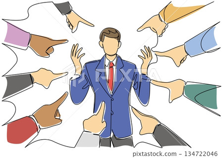 Single continuous line drawing of Businessman in blue jacket stands confused with raised hands while many pointing hands surround him from all directions. National Blame Someone Else Day event 134722046