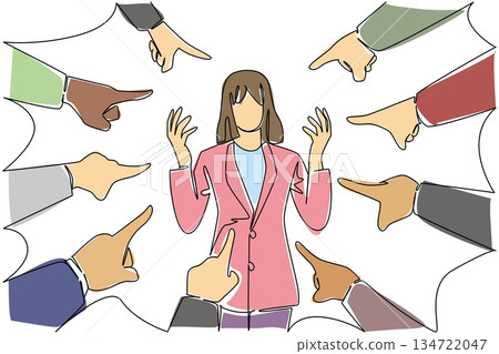 Continuous line drawing of confused business woman being blamed by multiple pointing fingers for social concept. This overwhelmed accusation theme is related to National Blame Someone Else Day event. Continuous line drawing of confused business woman being blamed by multiple pointing fingers for social concept. This overwhelmed accusation theme is related to National Blame Someone Else Day event. 134722047
