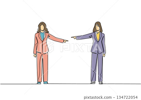 Continuous line drawing of a young man and woman where one is pointing an accusing finger at the other representing a relationship conflict for National Blame Someone Else Day social concept. 134722054