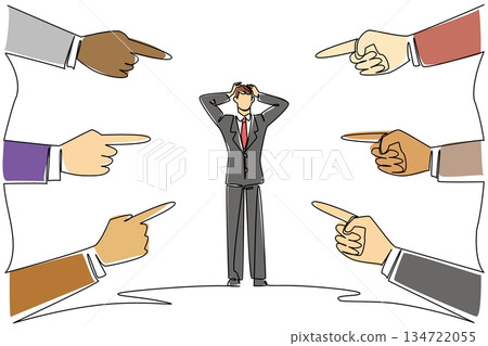 Continuous line drawing of an overwhelmed businessman being blamed by many pointing fingers for a business concept. This scapegoat theme is related to National Blame Someone Else Day event. 134722055