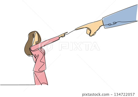 Continuous line drawing of big hand and woman colleagues blaming each other for a work conflict, business concept. This office blame game theme is related to National Blame Someone Else Day event. Continuous line drawing of big hand and woman colleagues blaming each other for a work conflict, business concept. This office blame game theme is related to National Blame Someone Else Day event. 134722057