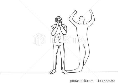 Standing man with face in hands crying beside a flexing shadow in continuous line drawing, honoring National Posttraumatic Growth Day with a health concept, show recovery, courage, resilience, hope Standing man with face in hands crying beside a flexing shadow in continuous line drawing, honoring National Posttraumatic Growth Day with a health concept, show recovery, courage, resilience, hope 134722068