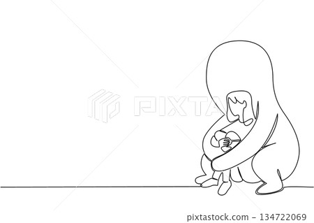 Sitting girl comforted by a large protective figure in continuous line draw. National Posttraumatic Growth Day with mental health concept. Conveying empathy, resilience, healing, and nurturing support Sitting girl comforted by a large protective figure in continuous line draw. National Posttraumatic Growth Day with mental health concept. Conveying empathy, resilience, healing, and nurturing support 134722069