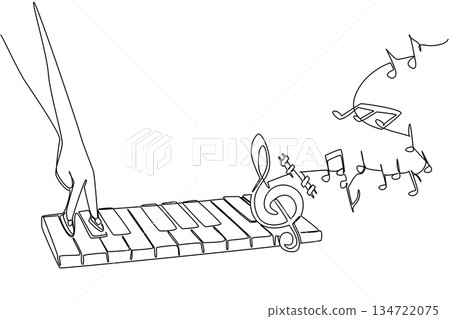 Single line draw of finger hand with shoe stepping play piano key, assist by musical notes and clefs flowing from it, represent therapeutic power of music. National Dance Movement Therapy Advocacy Day Single line draw of finger hand with shoe stepping play piano key, assist by musical notes and clefs flowing from it, represent therapeutic power of music. National Dance Movement Therapy Advocacy Day 134722075