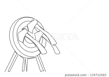 Continuous line drawing of a tripod target with multiple axes embedded after throw, sports concept for recreational competition. International Axe Throwing Day. Competition event poster scene 134722083
